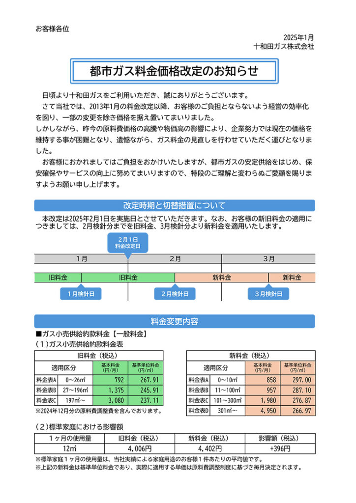 都市ガス料金価格改定のお知らせ